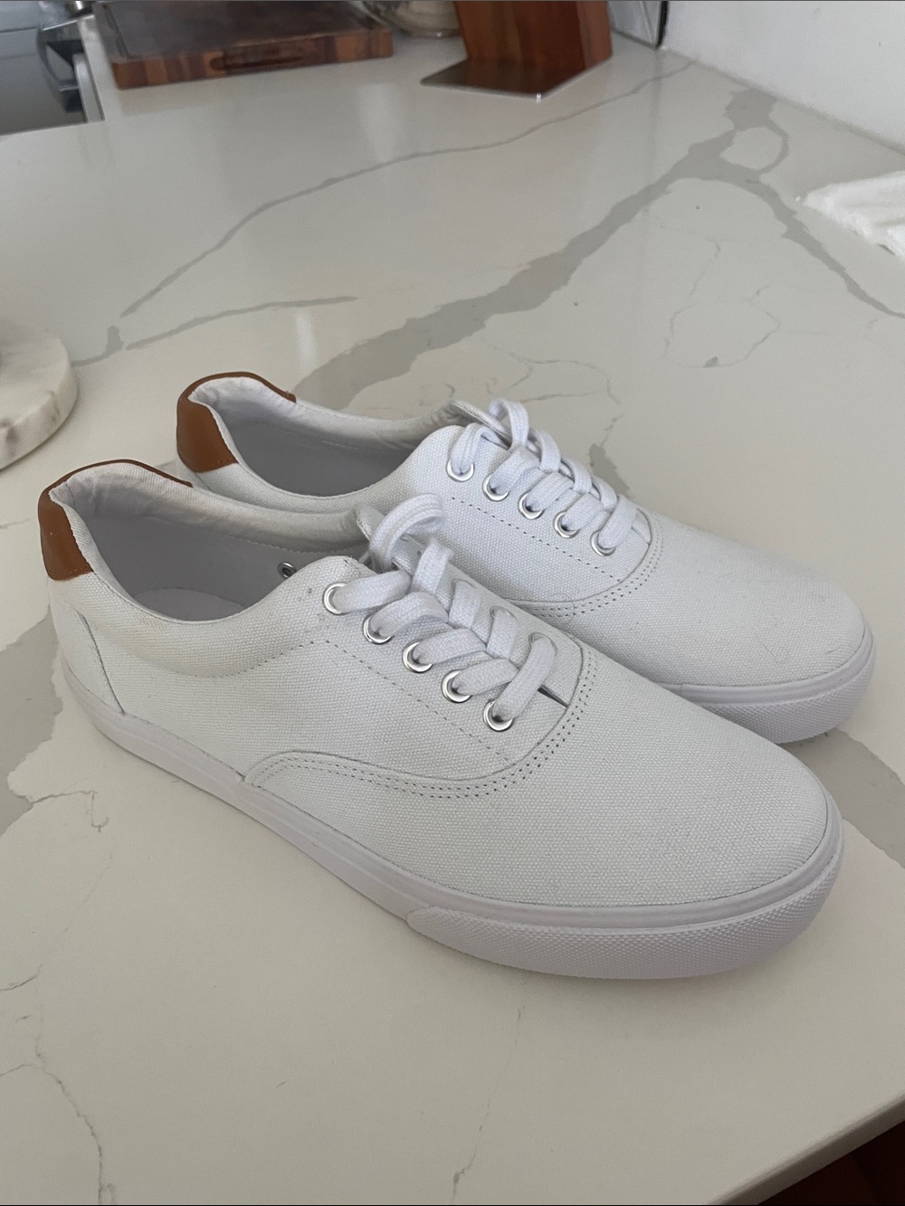 J. Crew Factory White Canvas Sneakers with Tan Heel Accent